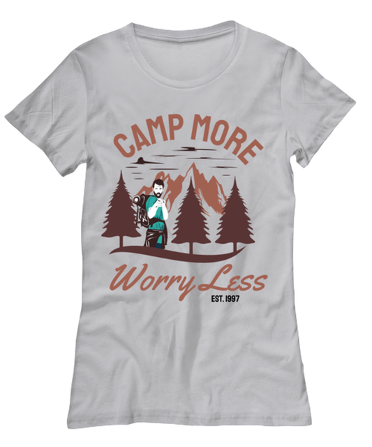 Camp More Worry Less, grey Women's Tee. Model 60074