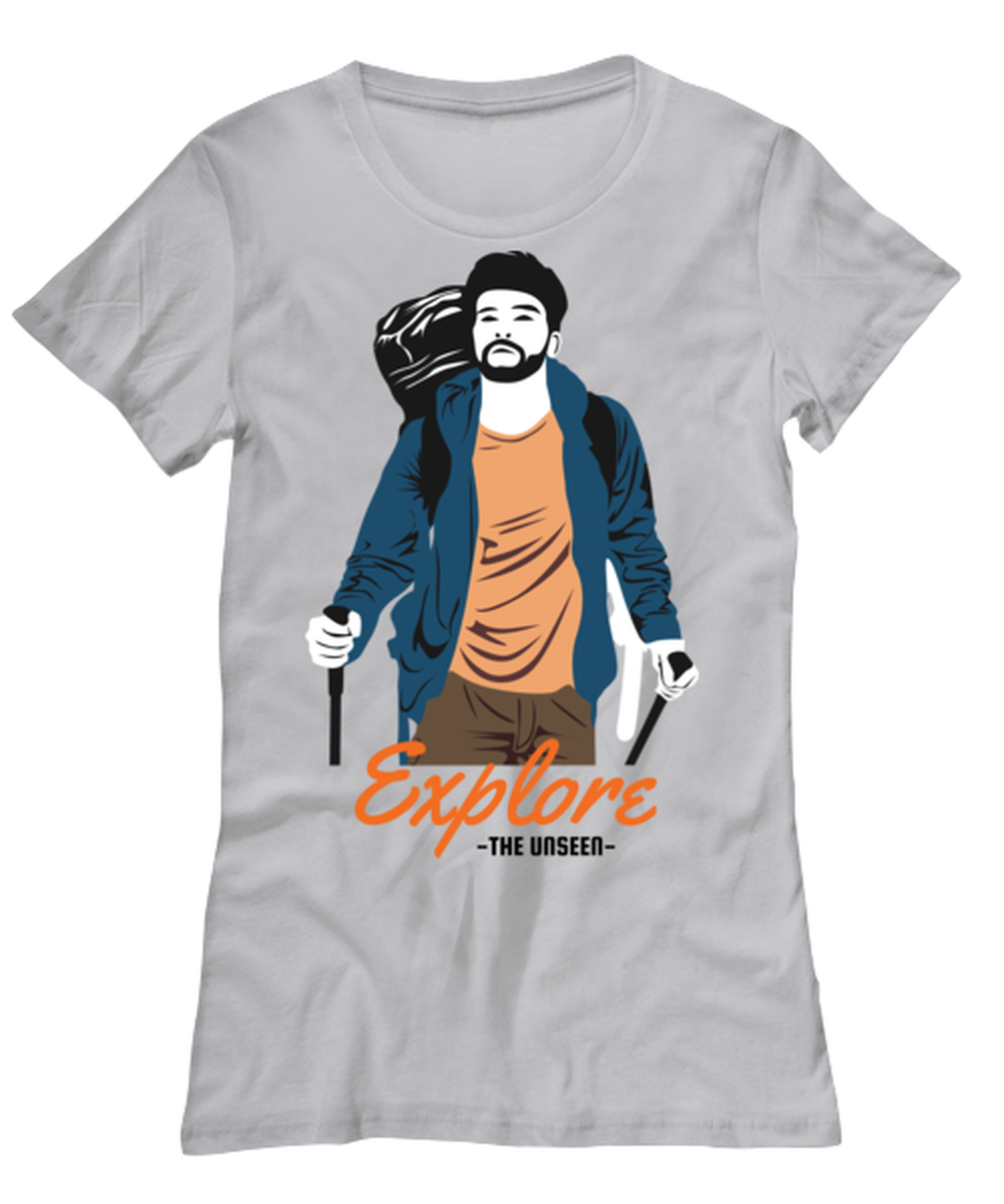 Explore the Unseen, grey Women's Tee. Model 60074