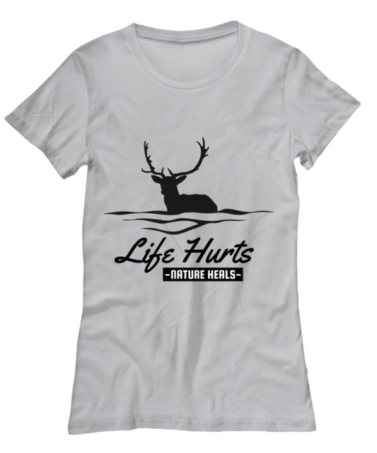 Life Hurts Nature Heals, grey Women's Tee. Model 60074