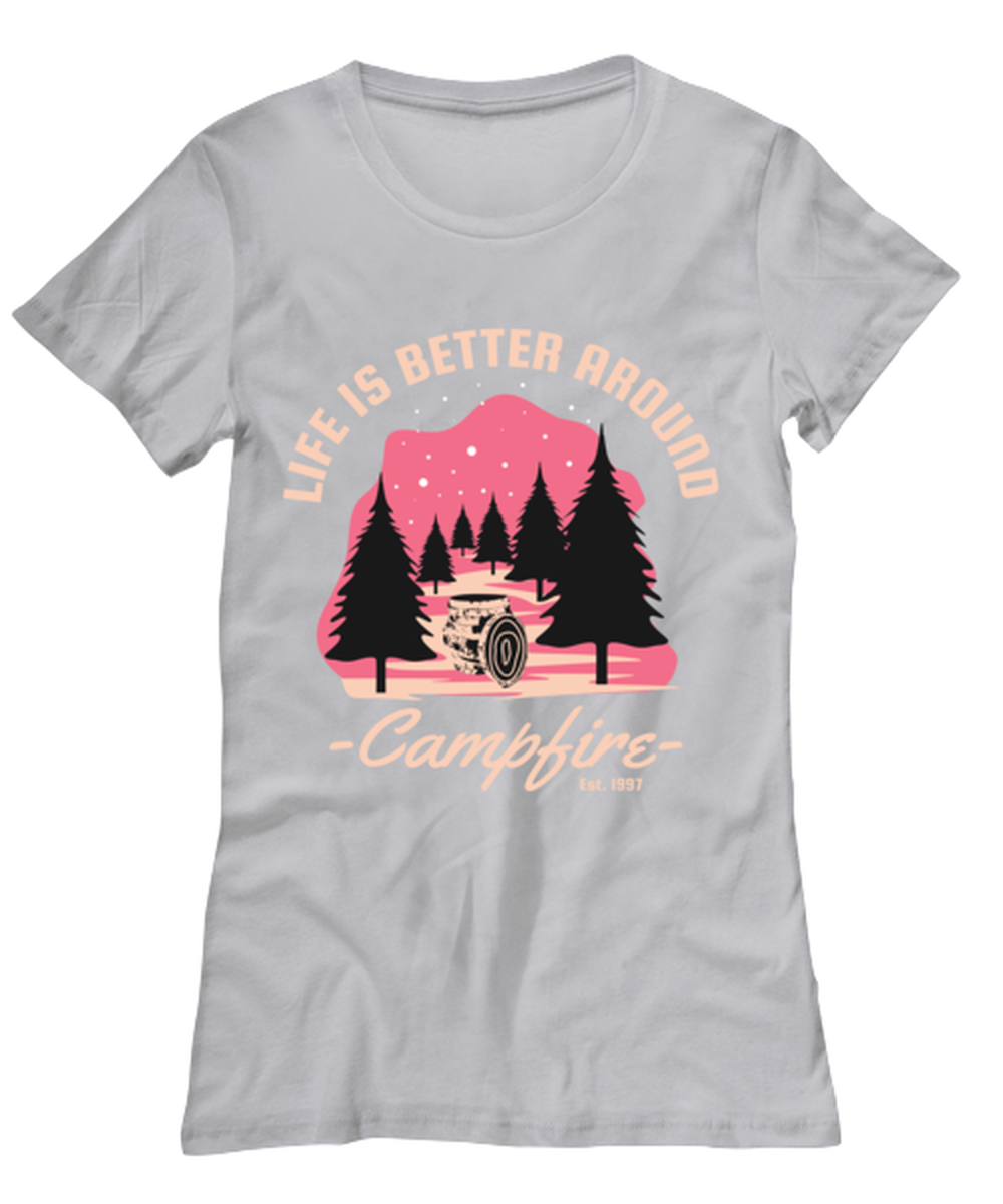 Life is Better Around a Campfire, grey Women's Tee. Model 60074