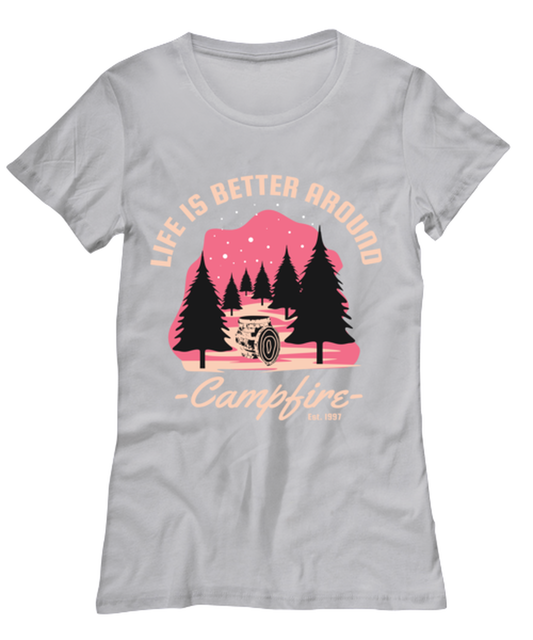 Life is Better Around a Campfire, grey Women's Tee. Model 60074