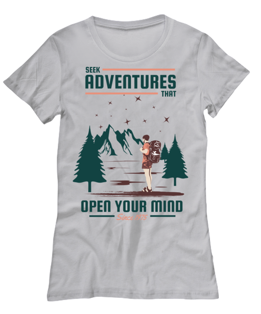 Seek Adventures that Open Your Mind 2, grey Women's Tee. Model 60074