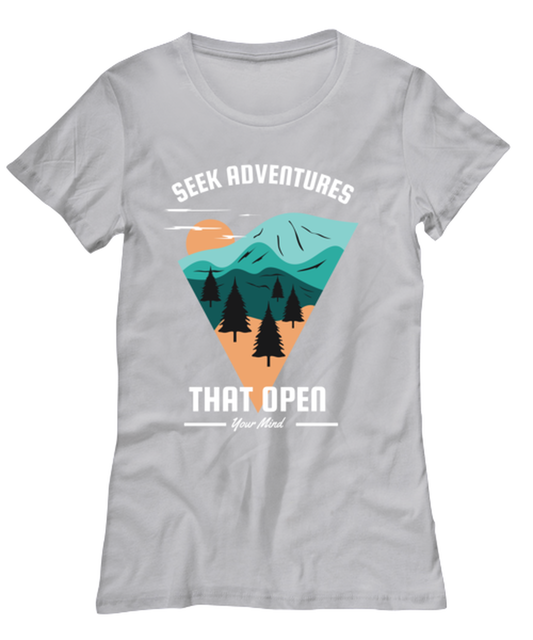 Seek Adventures that Open Your Mind, grey Women's Tee. Model 60074