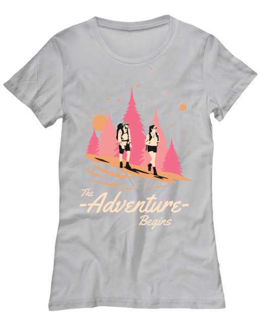 The Adventure Begins, grey Women's Tee. Model 60074