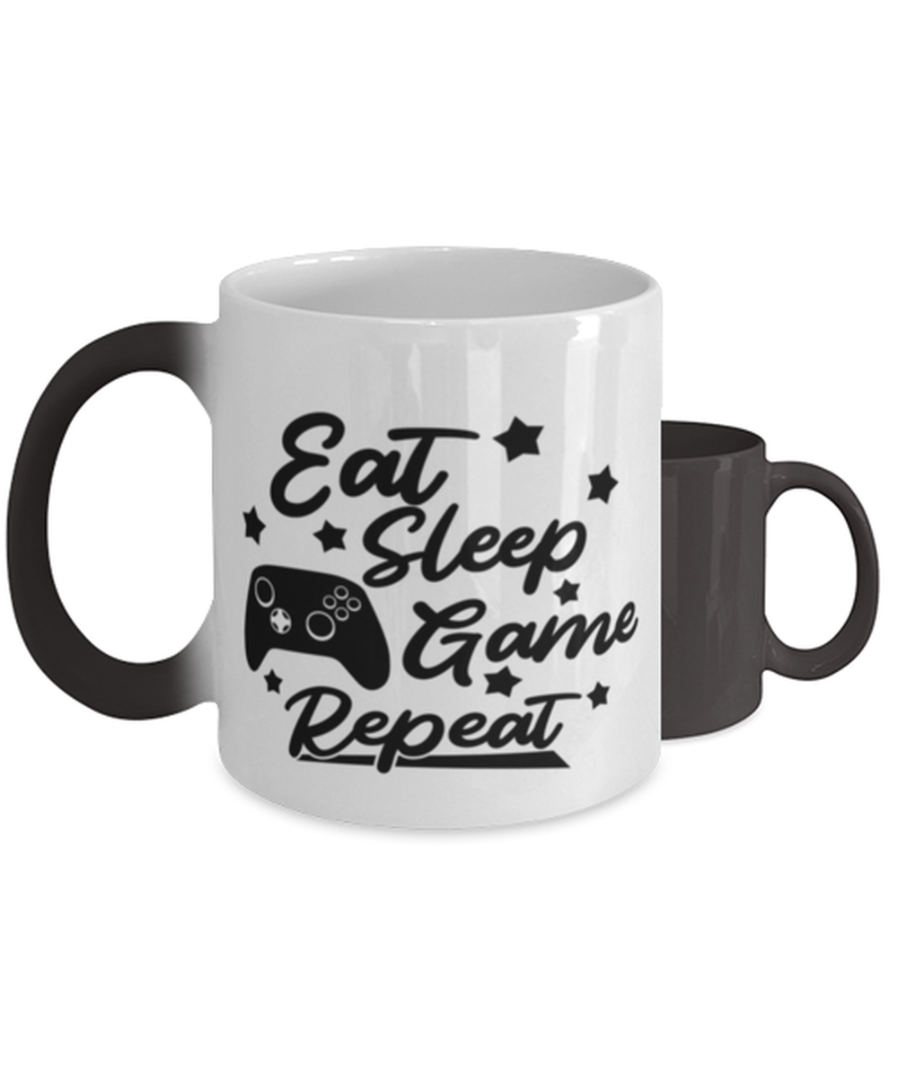 Eat-sleep-game-repeat ,  Heat Sensitive Color Changing Coffee Mug, Magic Coffee Cup. Model 60075