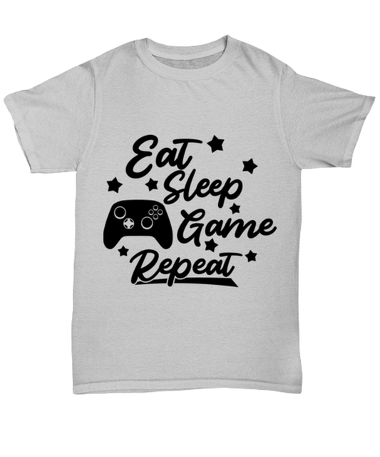Eat-sleep-game-repeat , ash Unisex Tee. Model 60077