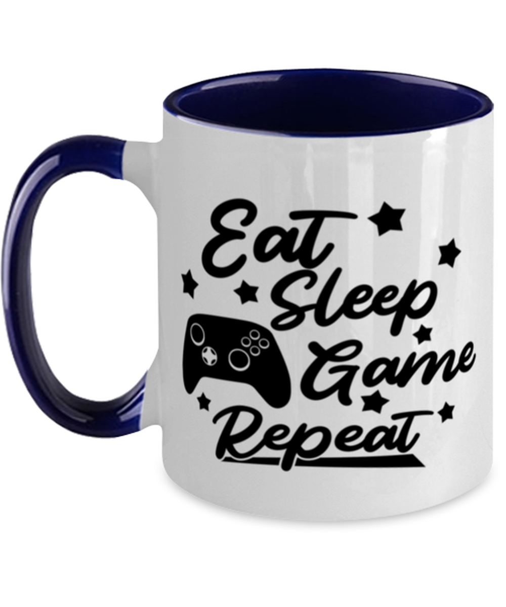 Eat-sleep-game-repeat , navy Two Tone Coffee Mug. Model 60075