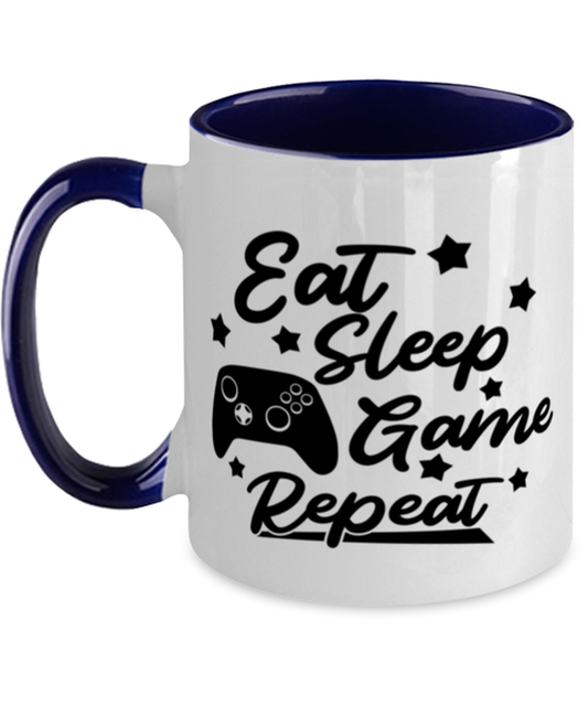 Eat-sleep-game-repeat , navy Two Tone Coffee Mug. Model 60075