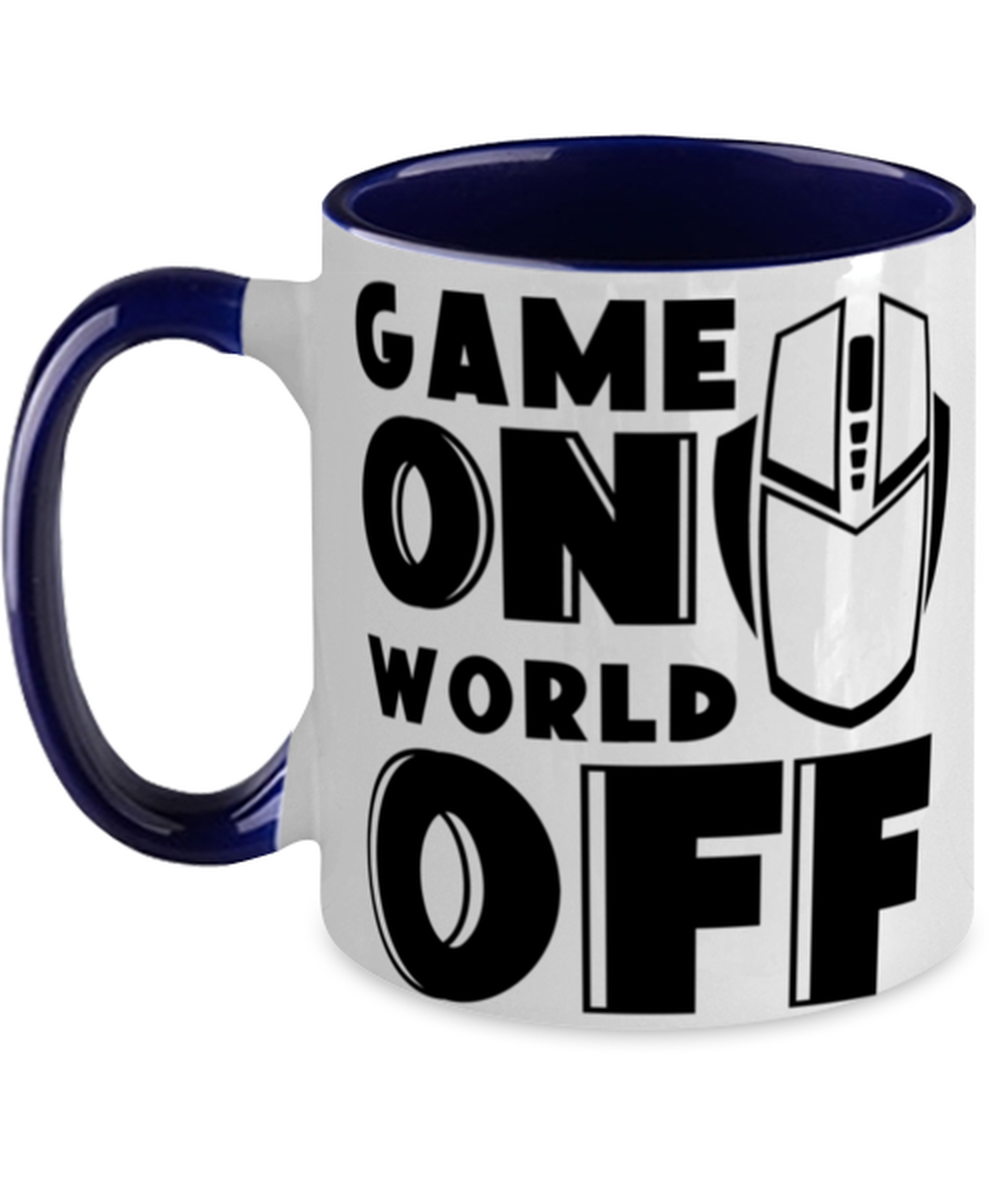 Game on world off , navy Two Tone Coffee Mug. Model 60075
