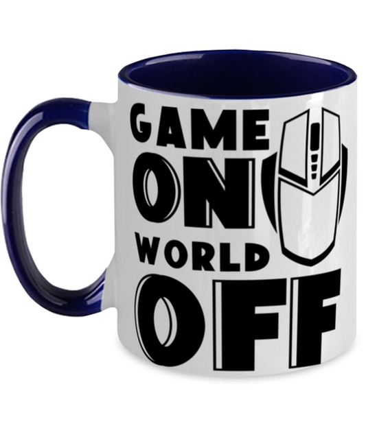 Game on world off , navy Two Tone Coffee Mug. Model 60075