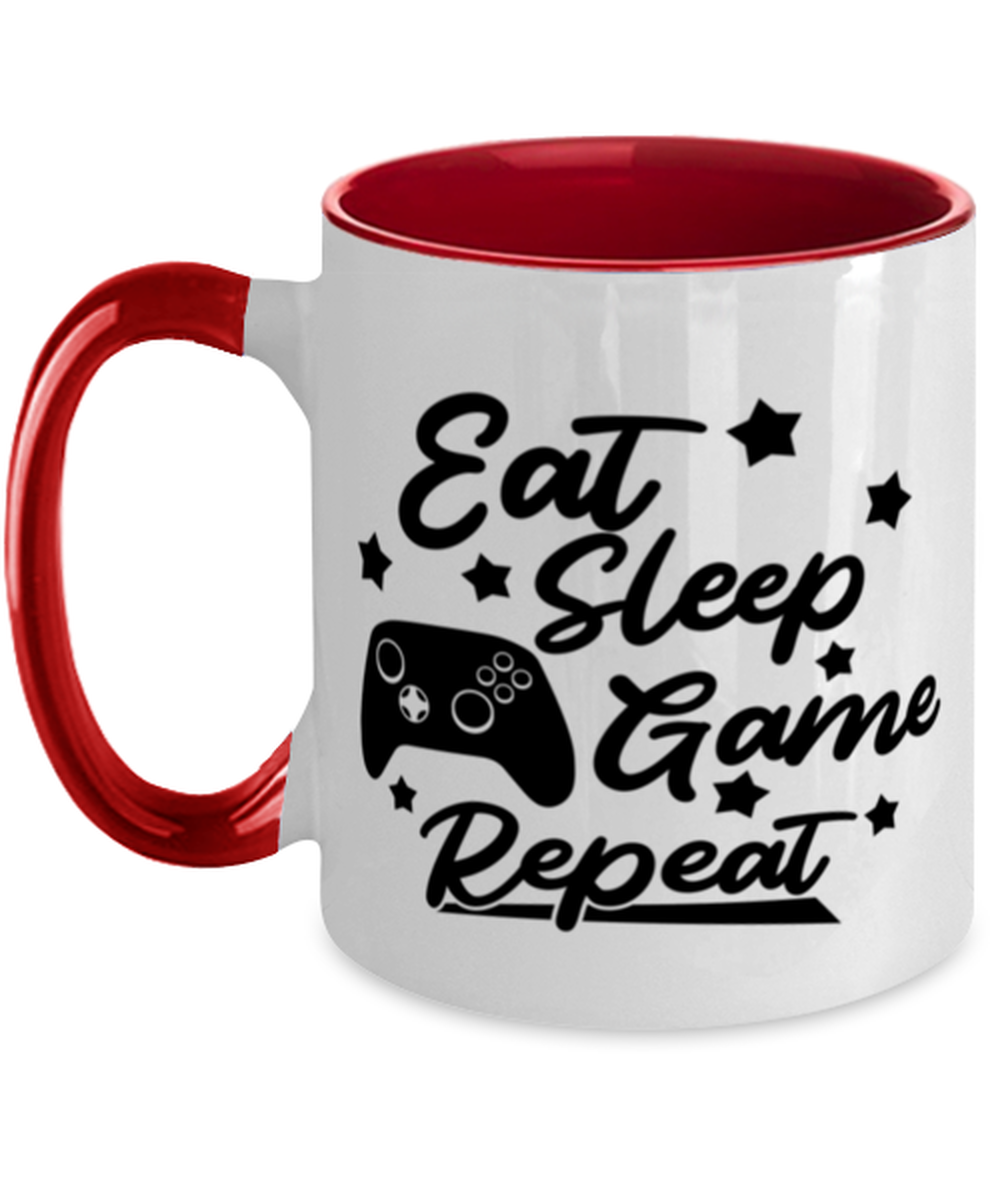 Eat-sleep-game-repeat , red Two Tone Coffee Mug. Model 60075