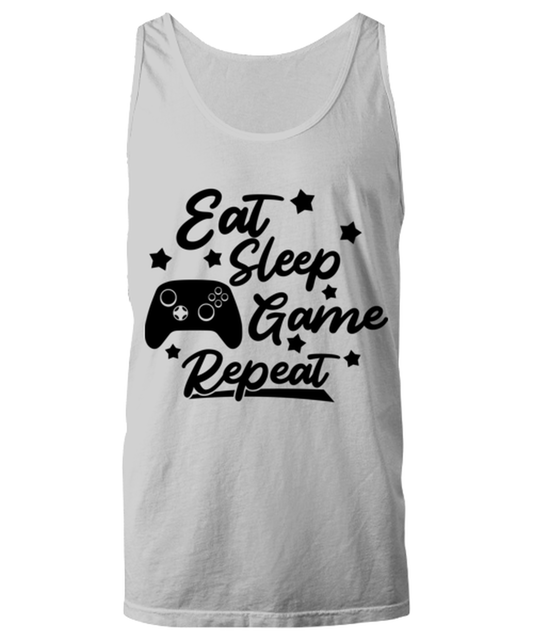 Eat-sleep-game-repeat , ash Unisex Tanktop. Model 60077