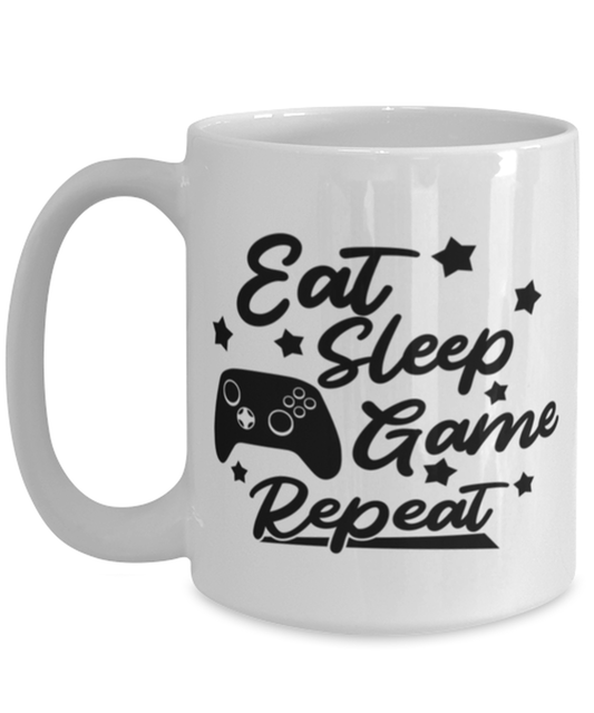 Eat-sleep-game-repeat , white Coffee Mug, Coffee Cup 15oz. Model 60075