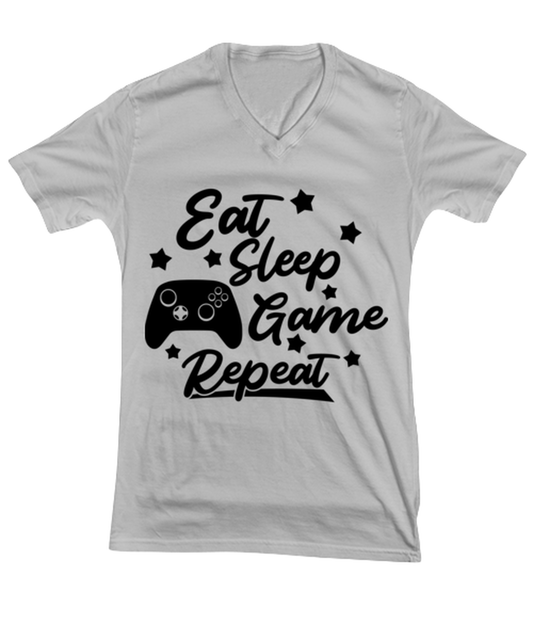 Eat-sleep-game-repeat , ash Vneck Tee. Model 60077
