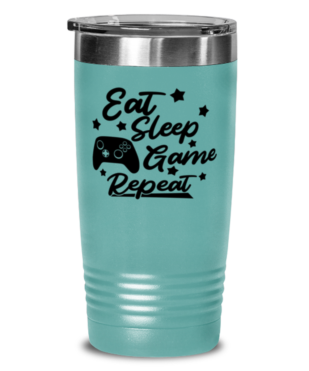 Eat-sleep-game-repeat , teal Tumbler 20oz. Model 60075