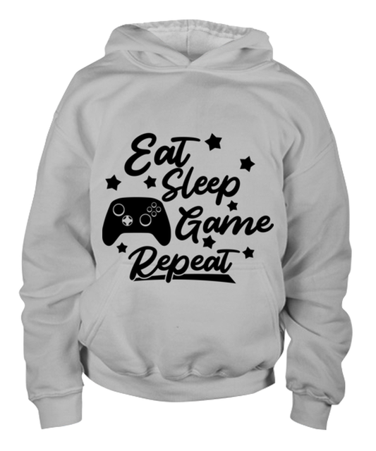 Eat-sleep-game-repeat , ash Youth Hoodie. Model 60077