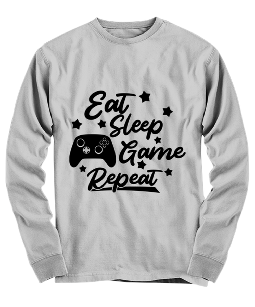 Eat-sleep-game-repeat , ash Long Sleeve Tee. Model 60077