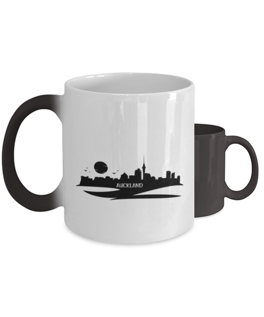 Auckland Skyline Silhouette,  Heat Sensitive Color Changing Coffee Mug, Magic Coffee Cup. Model 60087