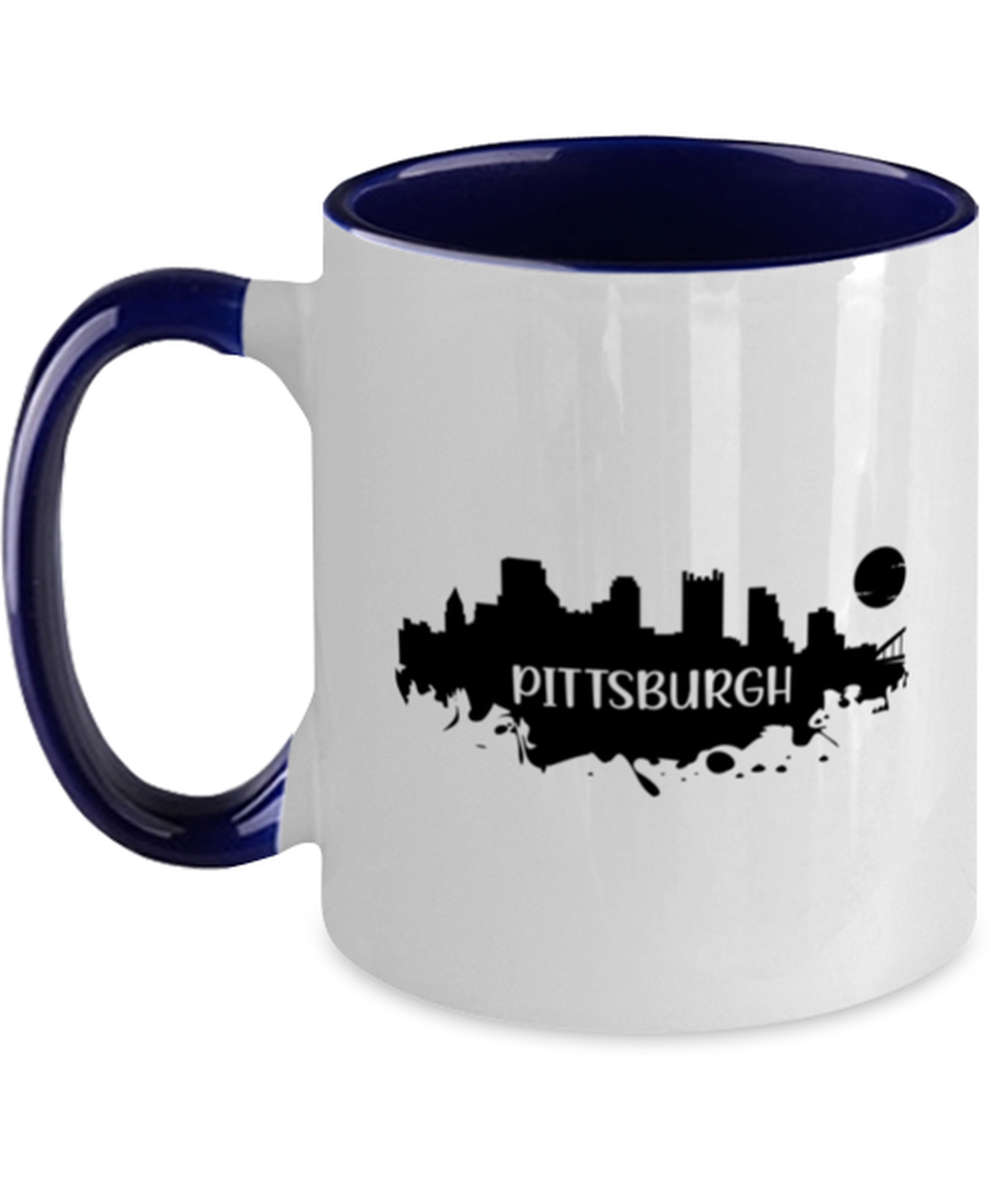 Pittsburgh Skyline silhouette, navy Two Tone Coffee Mug. Model 60087