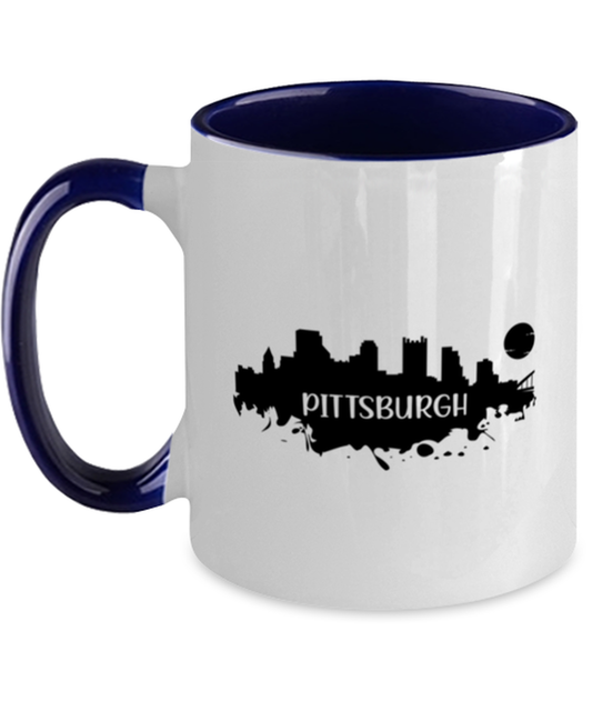 Pittsburgh Skyline silhouette, navy Two Tone Coffee Mug. Model 60087