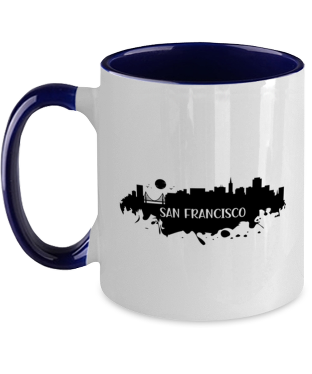 San Francisco Skyline silhouette, navy Two Tone Coffee Mug. Model 60087