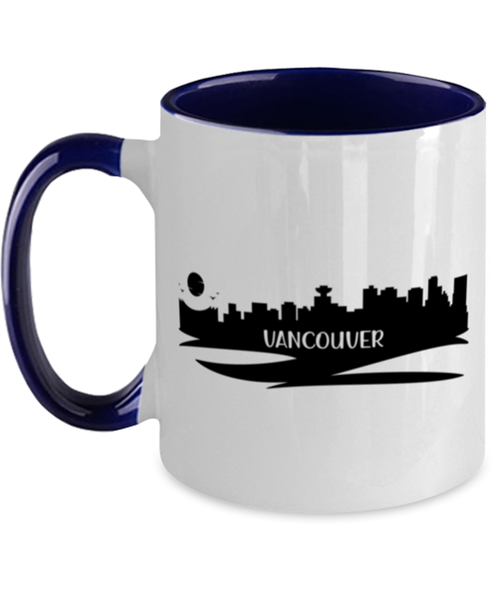 Vancouver Skyline silhouette, navy Two Tone Coffee Mug. Model 60087