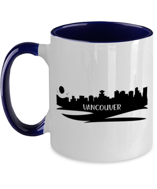 Vancouver Skyline silhouette, navy Two Tone Coffee Mug. Model 60087