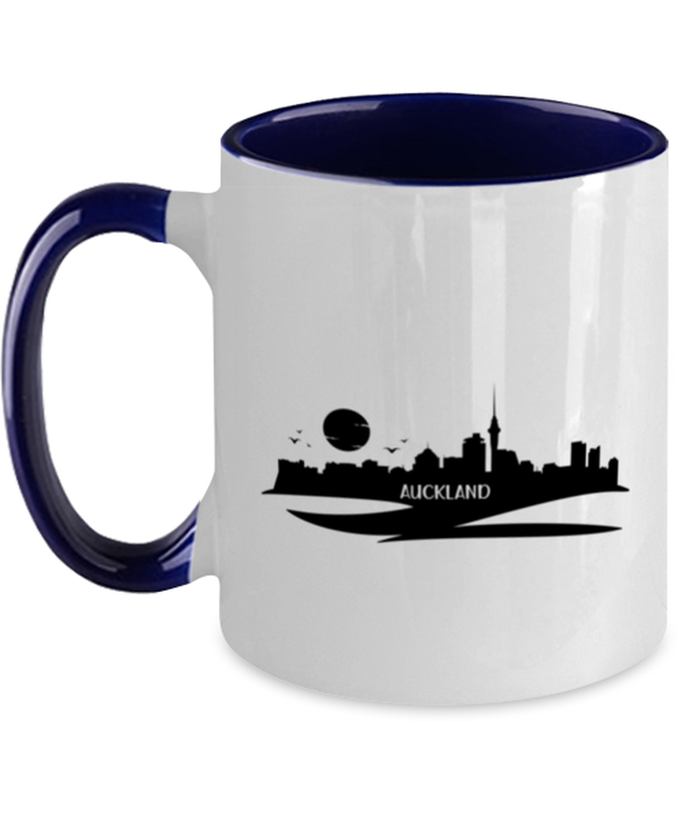 Auckland Skyline Silhouette, navy Two Tone Coffee Mug. Model 60087