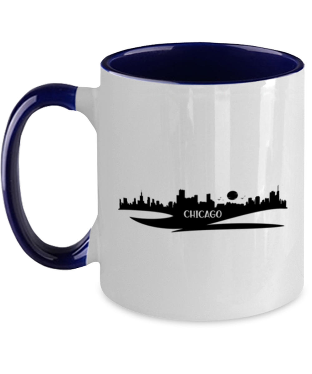Chicago Skyline silhouette, navy Two Tone Coffee Mug. Model 60087