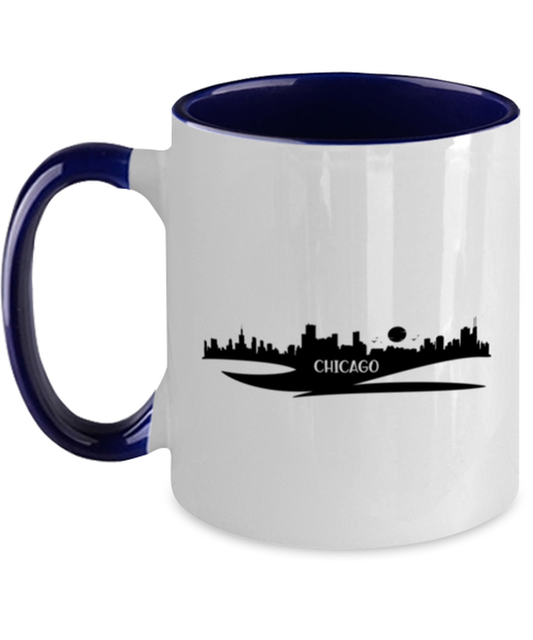 Chicago Skyline silhouette, navy Two Tone Coffee Mug. Model 60087