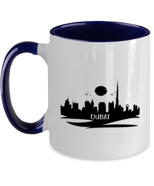 Dubai Skyline silhouette, navy Two Tone Coffee Mug. Model 60087