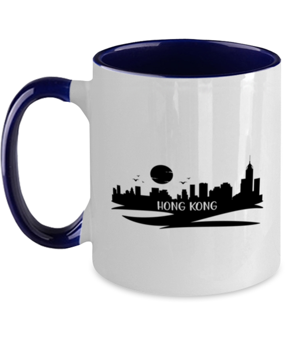 Hong Kong Skyline silhouette, navy Two Tone Coffee Mug. Model 60087