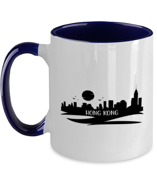 Hong Kong Skyline silhouette, navy Two Tone Coffee Mug. Model 60087
