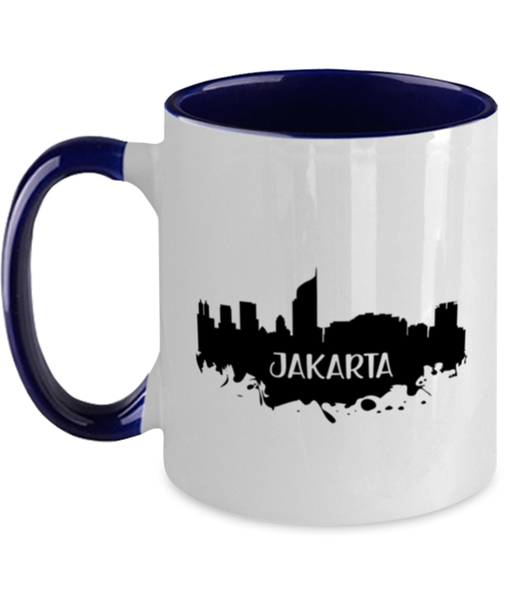 Jakarta Skyline silhouette, navy Two Tone Coffee Mug. Model 60087