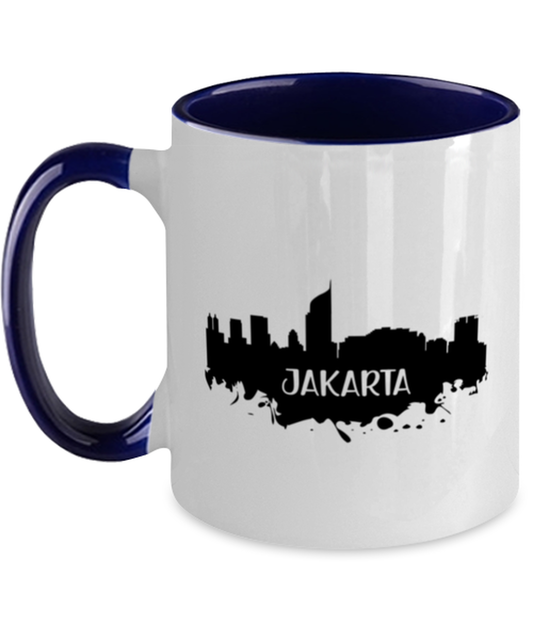 Jakarta Skyline silhouette, navy Two Tone Coffee Mug. Model 60087