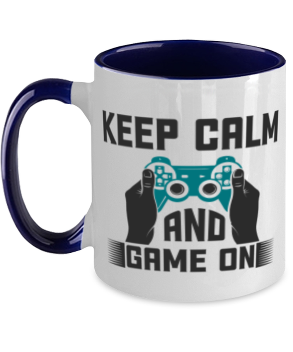 Keep Calm and Game On, navy Two Tone Coffee Mug. Model 60089