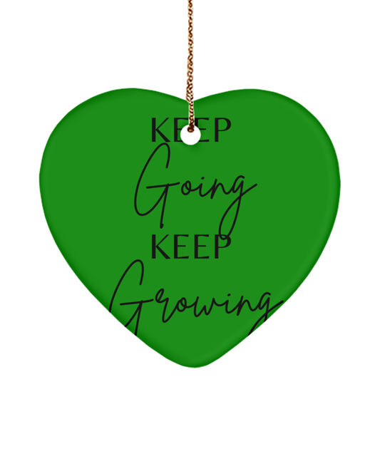 Fireside Motivation: Xmas Ornament, green , Motivational Christmas Holiday heart Shape Ornament. Model 60097