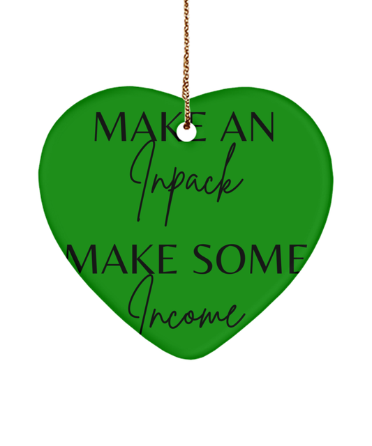 Motivate, Celebrate, Decorate, green , Motivational Christmas Holiday heart Shape Ornament. Model 60097