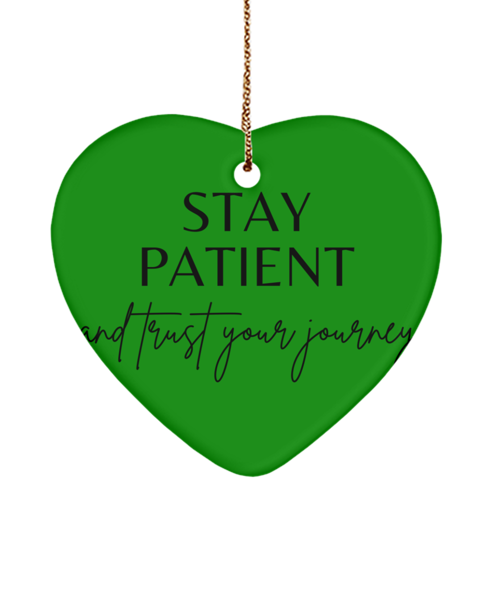 Inspirational Moments to Cherish, green , Motivational Christmas Holiday heart Shape Ornament. Model 60097