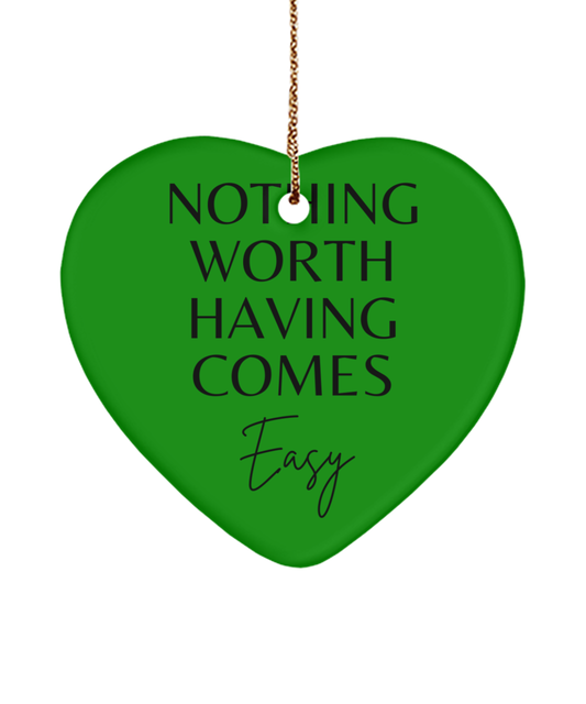Motivation, Joy, and Christmas Delight, green , Motivational Christmas Holiday heart Shape Ornament. Model 60097