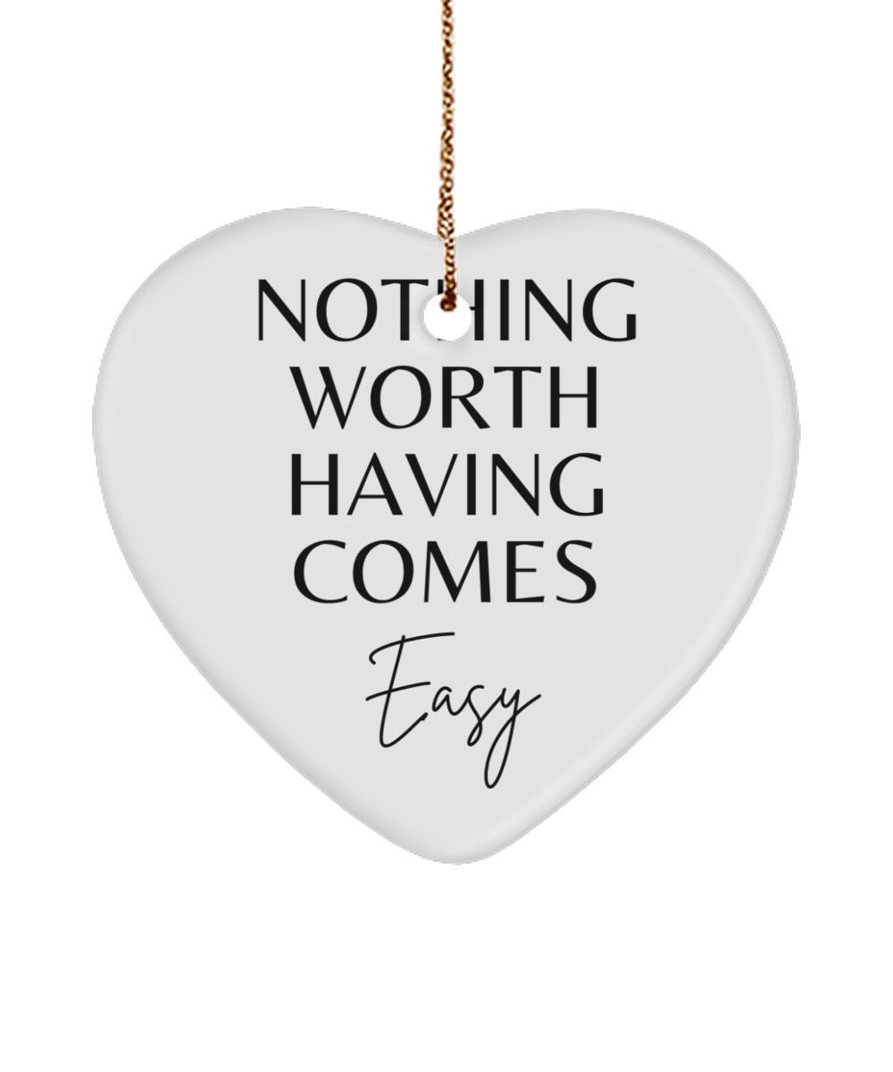 Motivation, Joy, and Christmas Delight, white, Motivational Christmas Holiday heart Shape Ornament. Model 60097