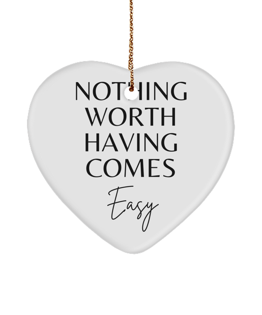 Motivation, Joy, and Christmas Delight, white, Motivational Christmas Holiday heart Shape Ornament. Model 60097