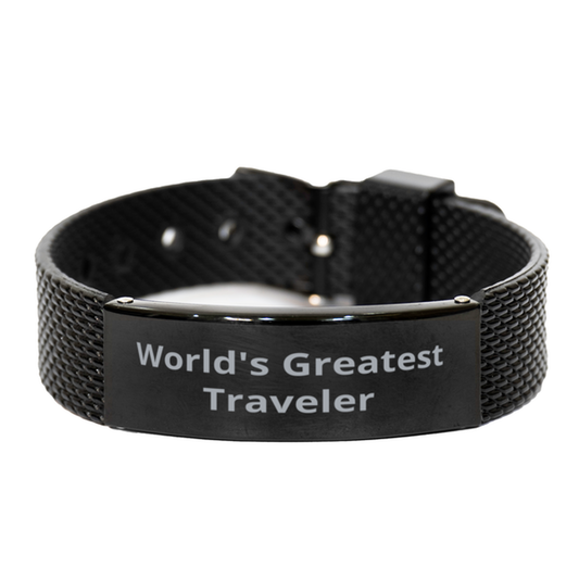 World Greatest Traveler,  Black Shark Mesh Bracelet. Model 60098