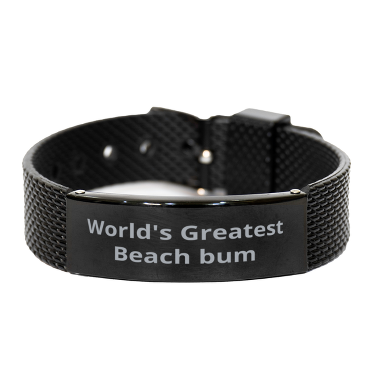 World Greatest Beach bum,  Black Shark Mesh Bracelet. Model 60099