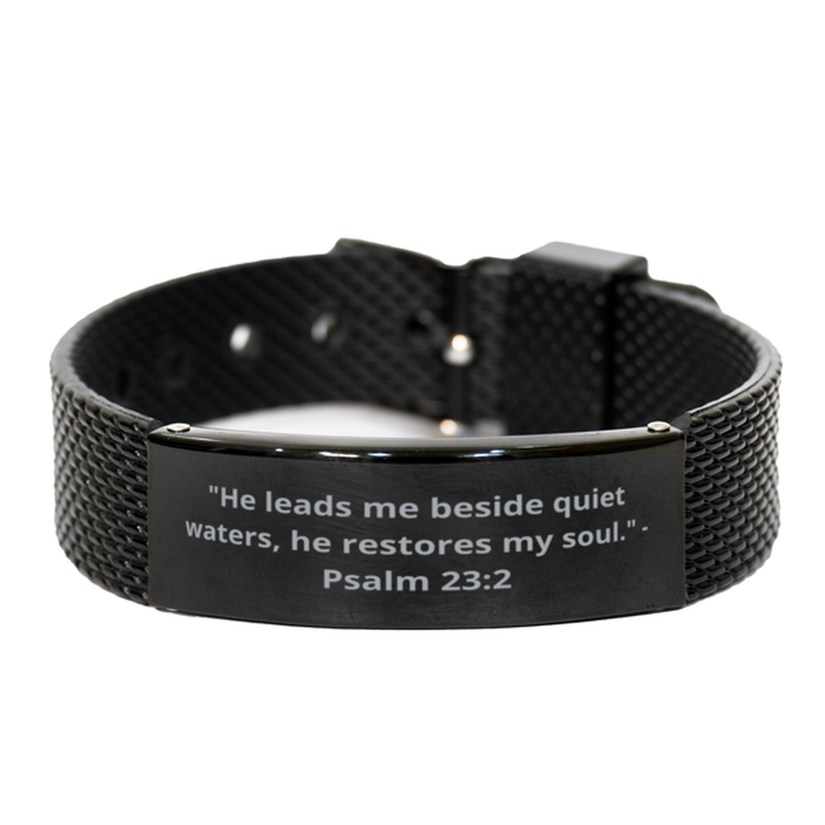 "He leads me beside quiet waters, he restores my soul." - Psalm 23:2,  Black Shark Mesh Bracelet. Model 600101