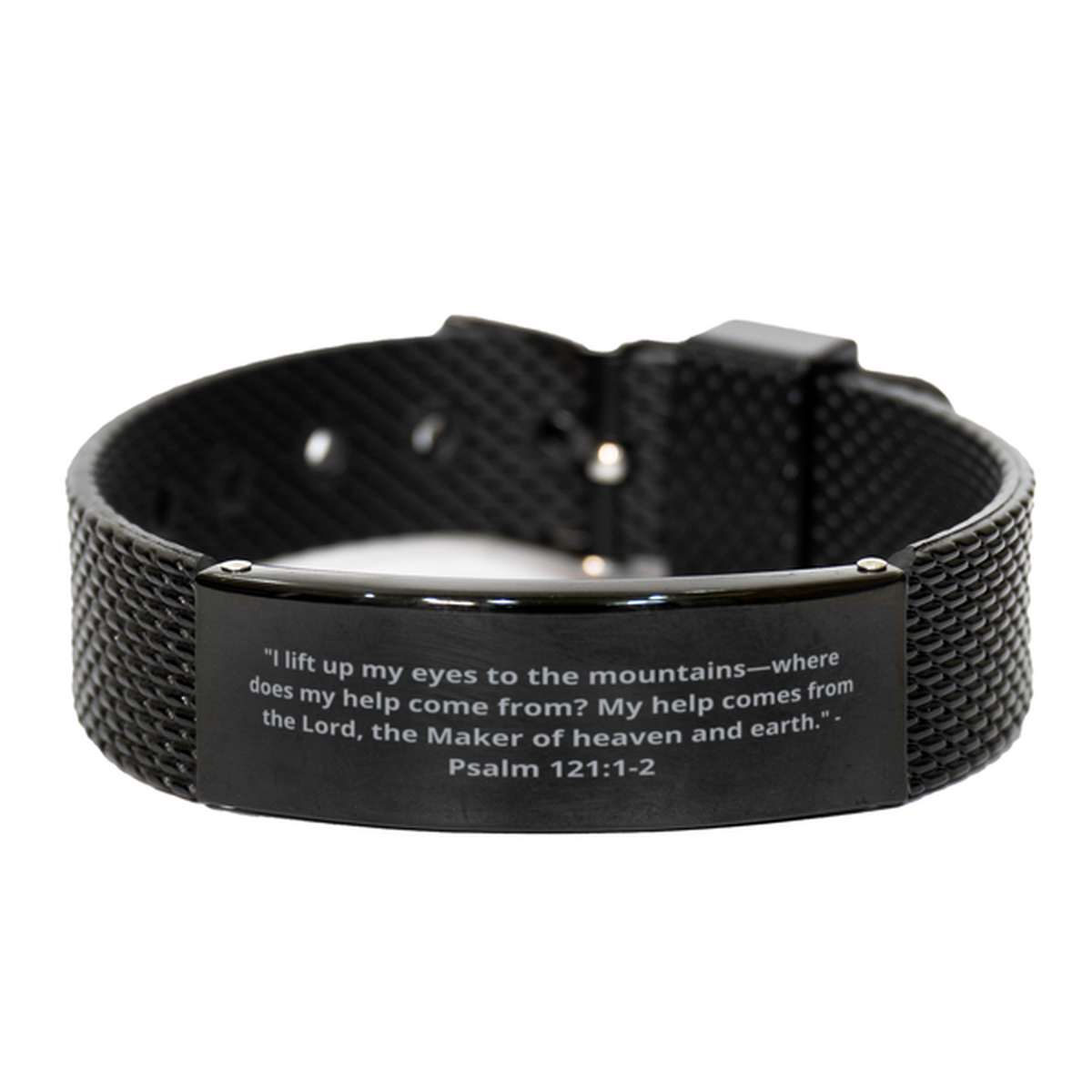 "I lift up my eyes to the mountains-where does my help come from? My help comes from the Lord, the Maker of heaven and earth." - Psalm 121:1-2,  Black Shark Mesh Bracelet. Model 600101