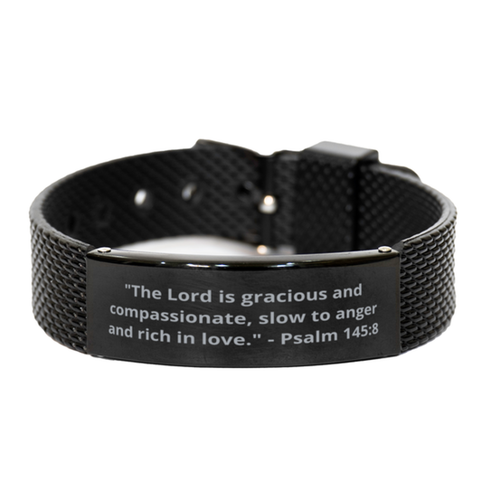 "The Lord is gracious and compassionate, slow to anger and rich in love." - Psalm 145:8,  Black Shark Mesh Bracelet. Model 600101