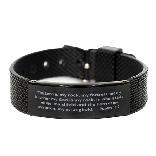 "The Lord is my rock, my fortress and my deliverer; my God is my rock, in whom I take refuge, my shield and the horn of my salvation, my stronghold." - Psalm 18:2,  Black Shark Mesh Bracelet. Model 600101