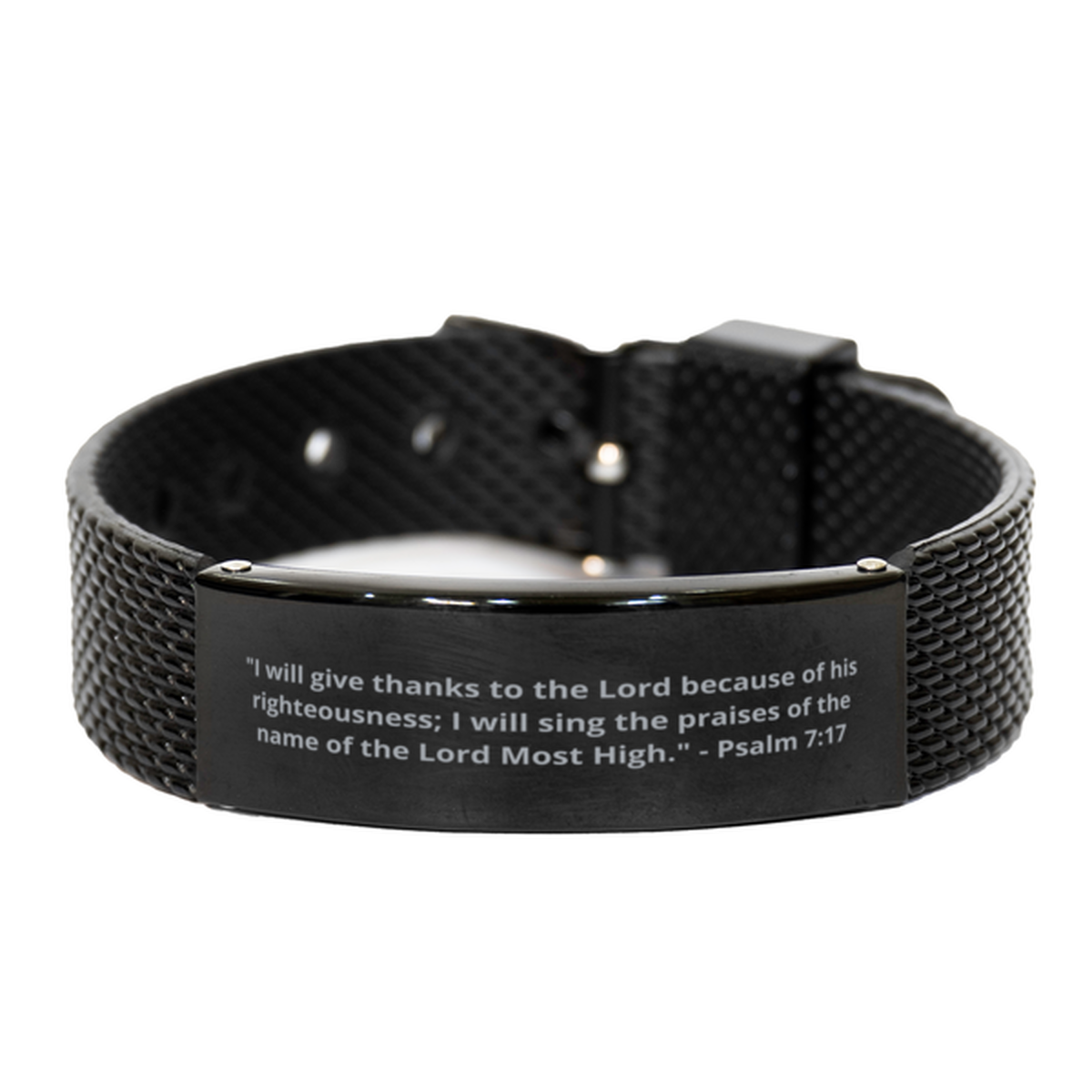 "I will give thanks to the Lord because of his righteousness; I will sing the praises of the name of the Lord Most High." - Psalm 7:17,  Black Shark Mesh Bracelet. Model 600101