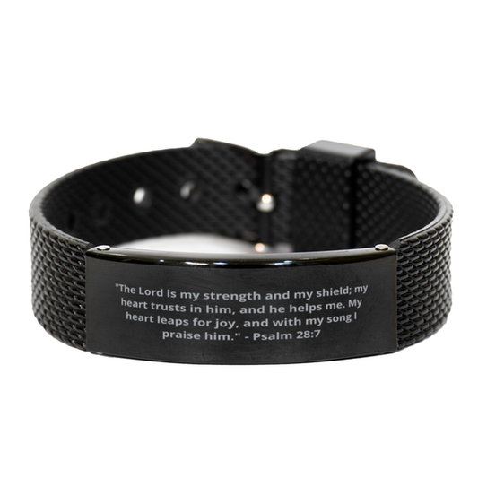 "The Lord is my strength and my shield; my heart trusts in him, and he helps me. My heart leaps for joy, and with my song I praise him." - Psalm 28:7,  Black Shark Mesh Bracelet. Model 600101